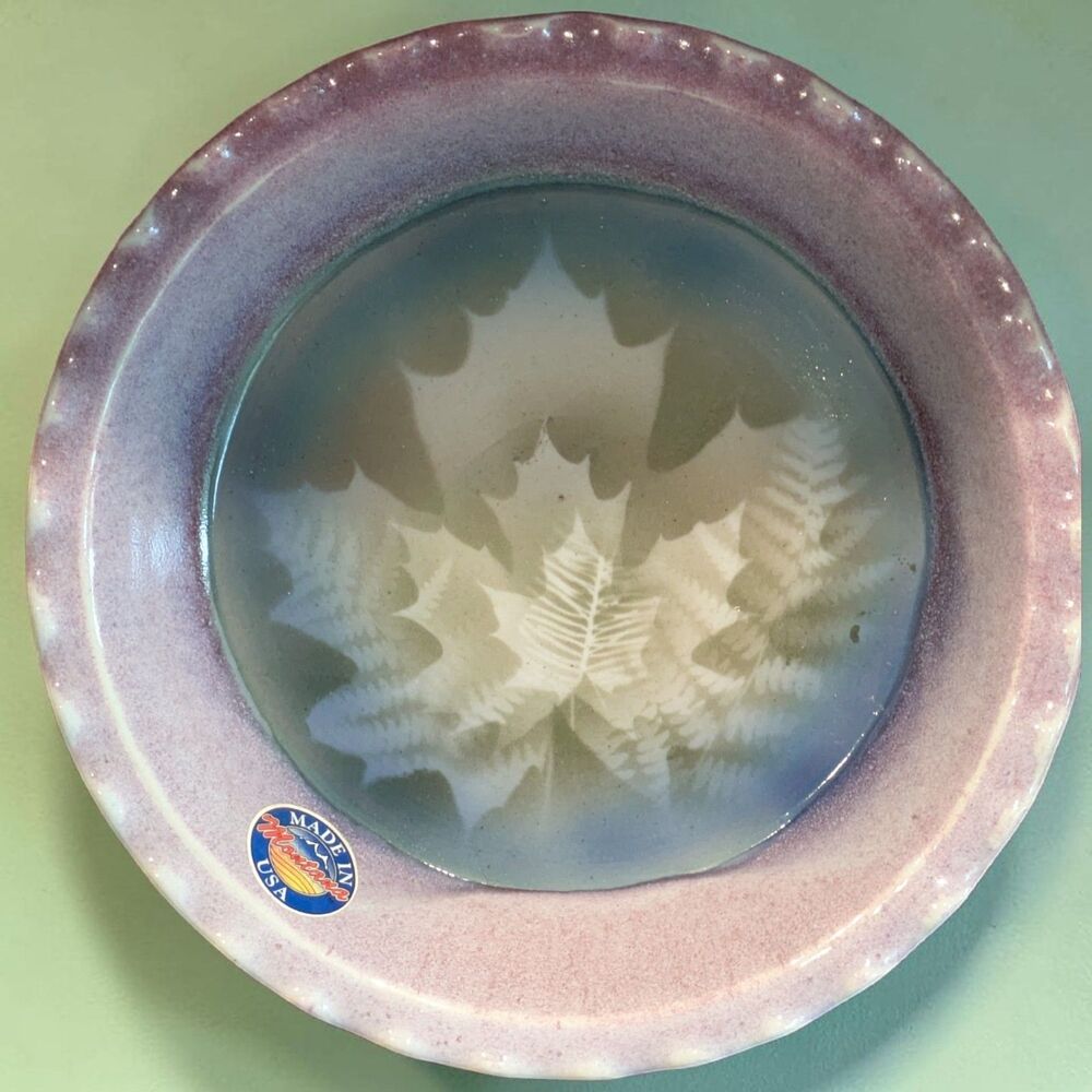 Tom Briney Pie Plate Dish Pottery Purple Blue Leaf Artisan Handmade 10" Round